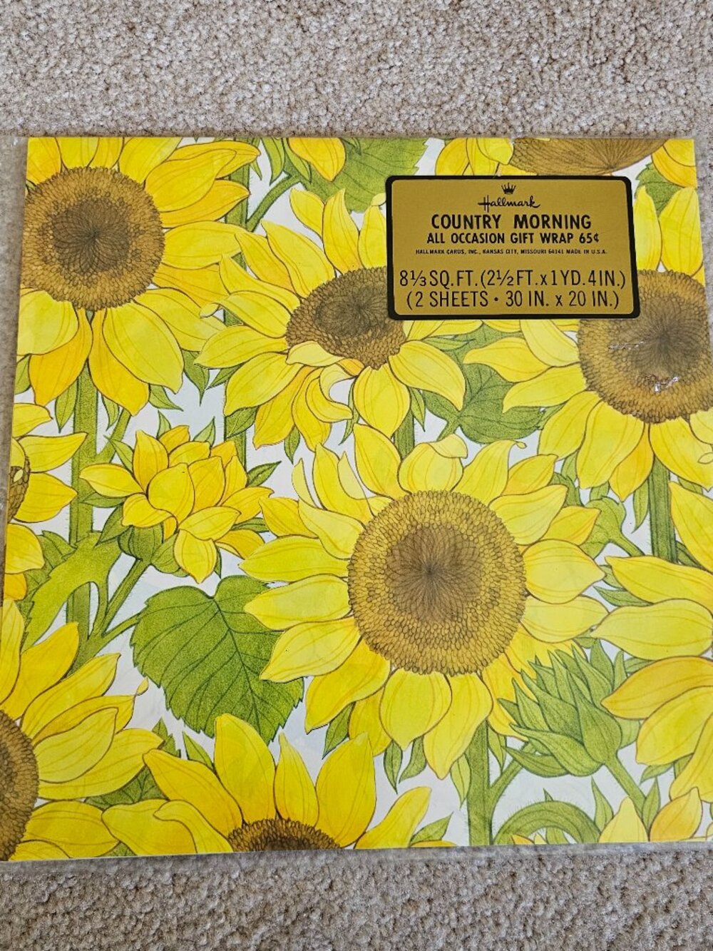 Vintage HALLMARK All Occasion Gift Wrap Sunflowers Sealed Country Morning Yellow
